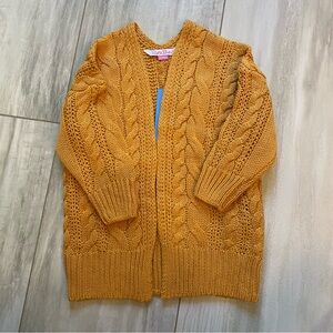 NWT RuffleButts Chunky Cable Knit Open Style Cardigan in Warm Honey, size 12-24M